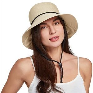 Wide Brim Straw Hat w/Chin Strap UV Sun Protection